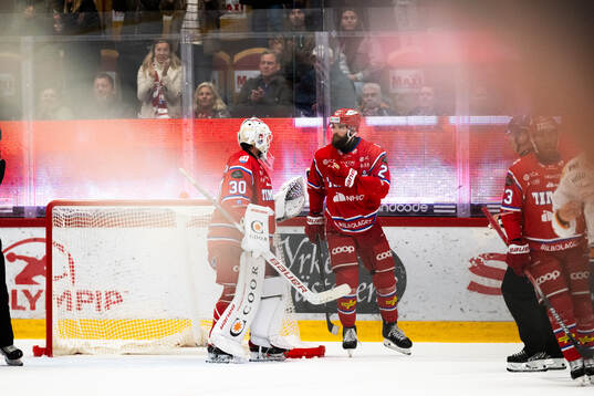 Timrås målvakt Jacob Johansson och Per Svensson jublar