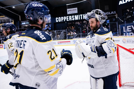 Södertäljes Nolan Stevens och målvakt Frans Tuohimaa