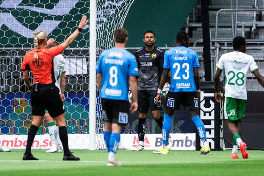 Hammarbys målvakt Warner Hahn reagerar mot Domare Tess