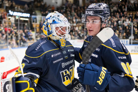 HV71s målvakt Hugo Alnefelt och Herman Träff jublar