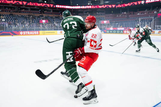 Stian Solberg of Färjestad and Vladimir Dravecky of