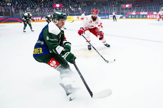 Oscar Steen of Färjestad and Bohumil Jank of Ocelari Trinec