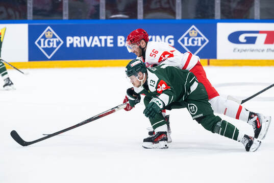 Joel Kellman of Färjestad and Marko Dano of Ocelari Trinec