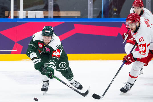 Per Åslund of Färjestad and Milos Roman of Ocelari Trinec