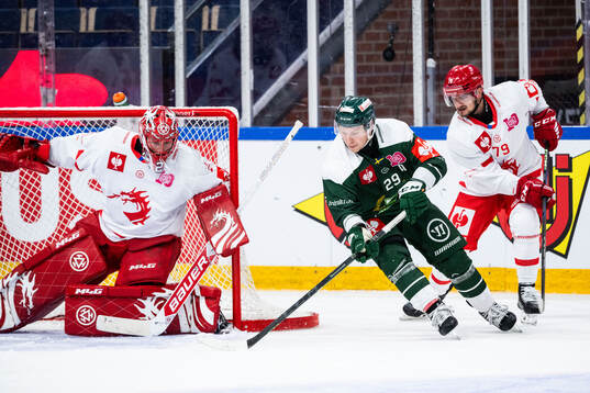 Goaltender Marek Mazanec of Ocelari Trinec and Oscar Steen