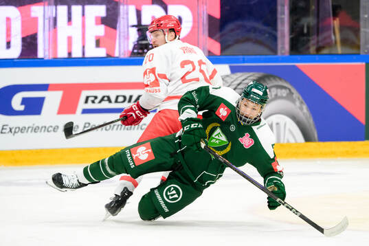Petr Vrana of Ocelari Trinec and Malte Vass of Färjestad