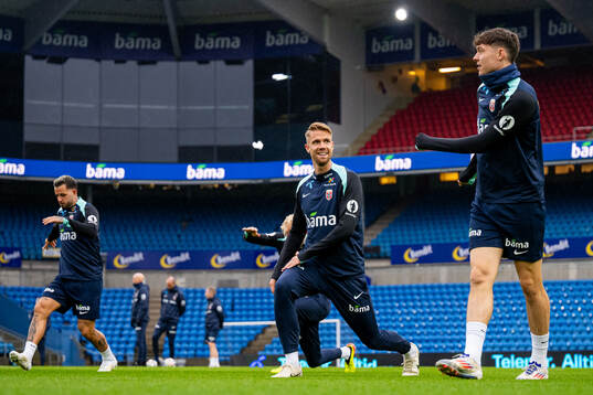 Kristoffer Ajer and Jørgen Strand Larsen of the Norwegian