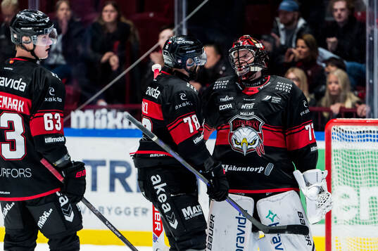 Malmö Redhawks Robin Hanzl och målvakt Daniel Marmenlind
