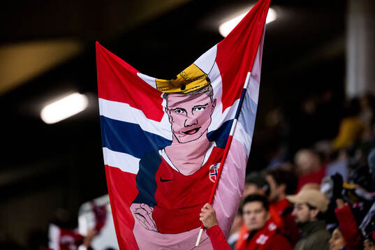 A banner in the stands portraying Erling Braut Haaland of
