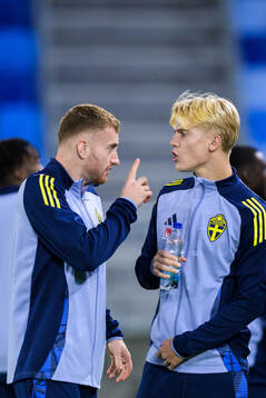 Dejan Kulusevski and Lucas Bergvall of the Swedish men's