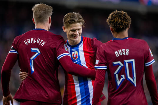 Alexander Sørloth of Norway celebrates with teammates