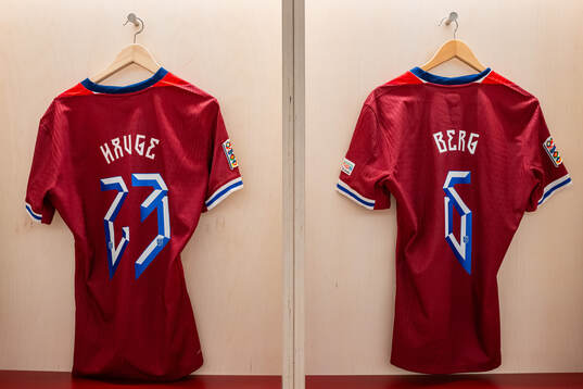 The kits of Jens Petter Hauge and Patrick Berg of Norway in