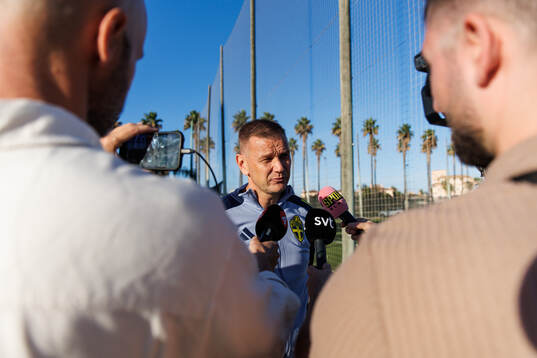 Head coach Andreas Pettersson of Sweden speaks to media