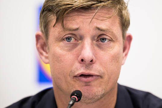 Head coach Jon Dahl Tomasson of Sweden at a press conference