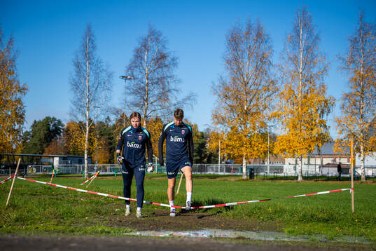 Goalkeeper Mathias Dyngeland and Jørgen Strand Larsen of