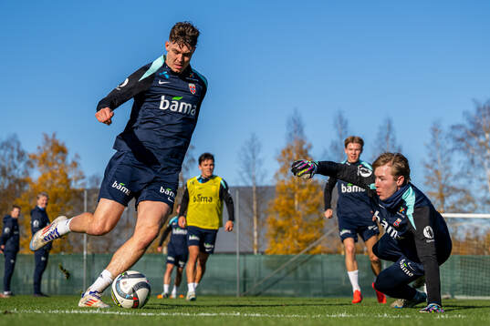 Jørgen Strand Larsen and goalkeeper Mathias Dyngeland of