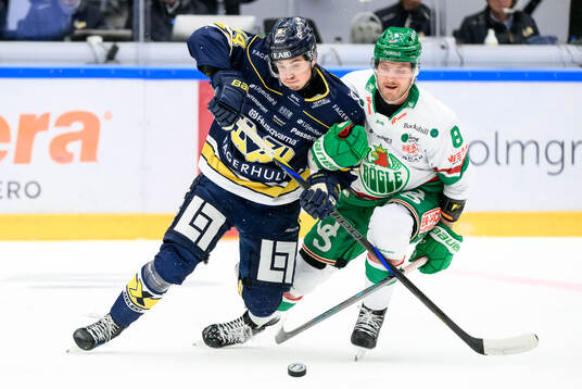 HV71s Hugo Fransson och Rögles Linus Sandin