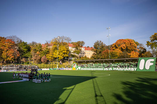 Spelarna vid line up framför ett tifo från Hammarby