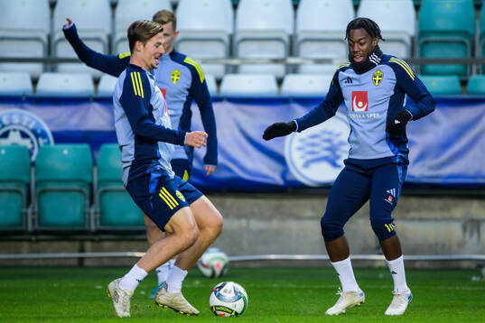 Simon Olsson and Anthony Elanga of the Swedish men's