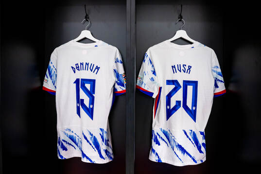 The kits of Aron Dønnum and Antonio Nusa of Norway in the