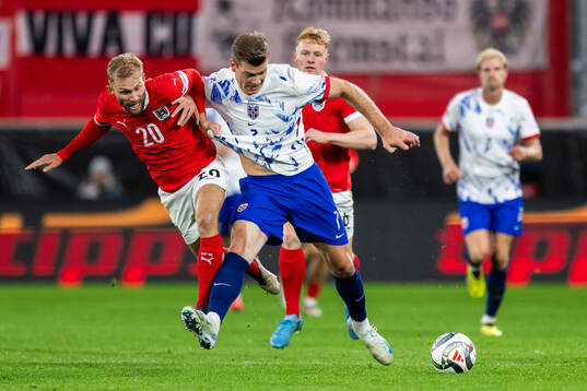 Konrad Laimer of Austria and Alexander Sørloth of Norway
