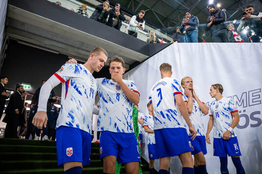 Julian Ryerson and Sander Berge of Norway at half-time