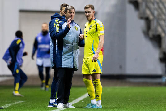 Head coach Jon Dahl Tomasson and Emil Krafth of Sweden