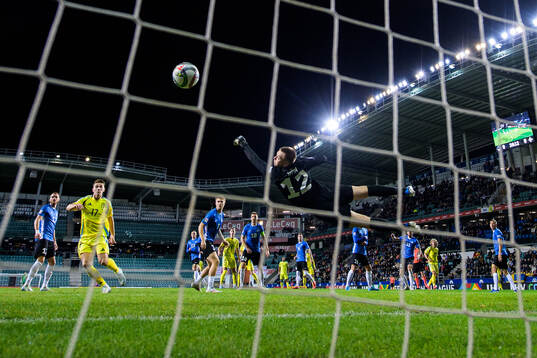Goalkeeper Karl Jakob Hein of Estonia lets in the 0-1 goal