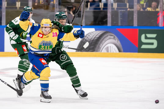 Austin Cangelosi of Storhamar and Malte Vass of Färjestad