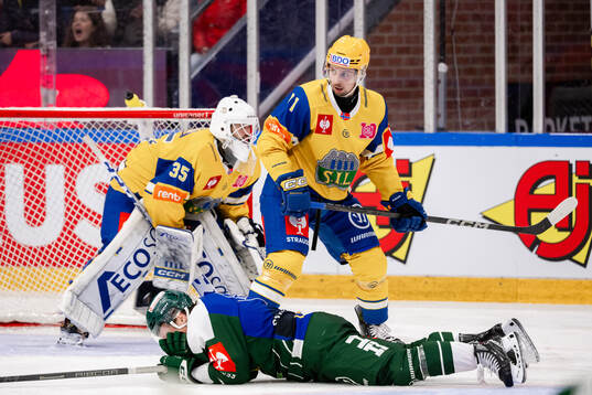 Oscar Steen of Färjestad  and Stefan Espeland of Storhamar