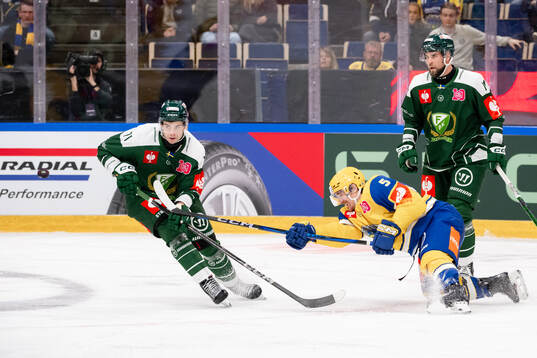 Viktor Lodin of Färjestad  and Joe Gatenby of Storhamar
