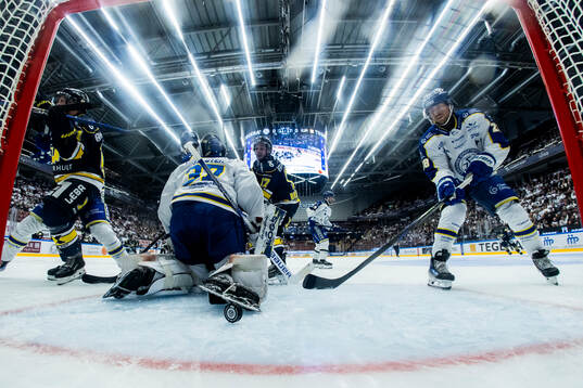HV71s Mattias Tedenby jublar och Leksands målvakt Jakob