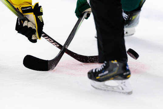 Klubbor och puck vid tek