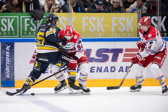 HV71s Mikael Seppälä och Timrås Sebastian Hartmann