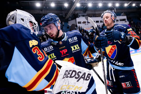 Djurgårdens målvakt Viktor Andrén och Albin Grewe jublar