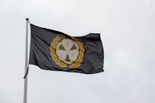 Flagga med Brynäs logotyp utanför Monitor ERP Arena