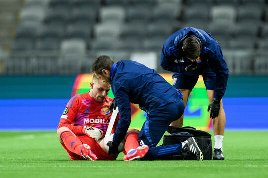 Goalkeeper Jacob Rinne of Djurgården in pain