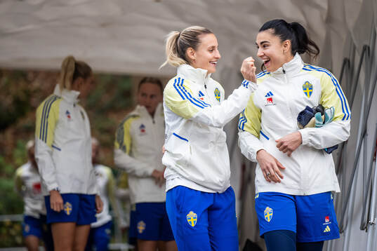 Nathalie Björn and goalkeeper Zecira Musovic of the