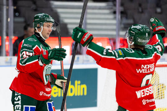 Frölundas Mikael Ruohomaa jublar ihop med Linus Weissbach
