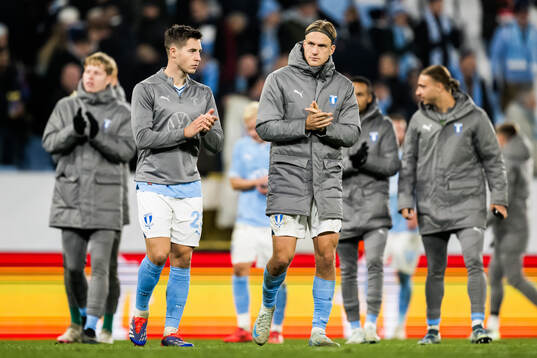 Lasse Berg Johnsen and Erik Botheim of Malmö FF look