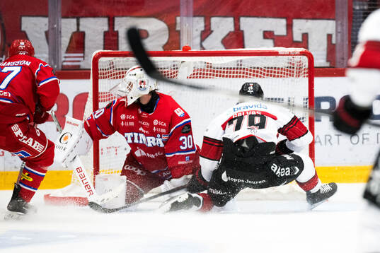 Malmö Redhawks Jakub Galvas och Timrås målvakt Jacob