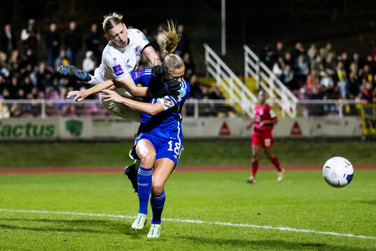 Goalkeeper Lucie Schlime of Luxembourg and Fridolina Rolfö
