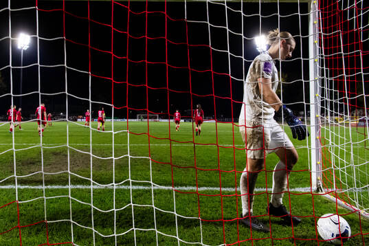 Goalkeeper Lucie Schlime of Luxembourg looks dejected