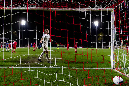 Goalkeeper Lucie Schlime of Luxembourg looks dejected