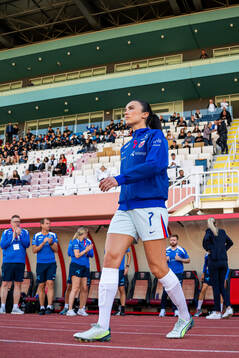 Ingrid Syrstad Engen of Norway enters the pitch
