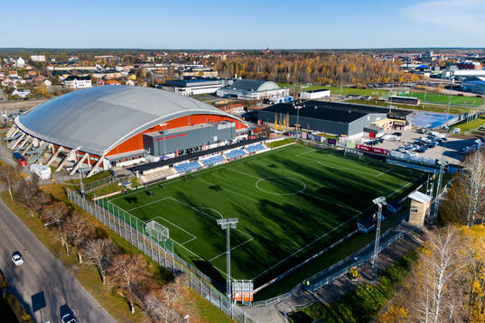 Drönarvy av Jernvallen och Göransson Arena