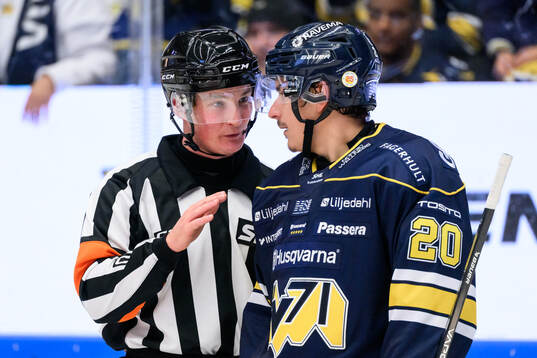 Domare Alexander Österberg pratar med HV71s Andre Petersson