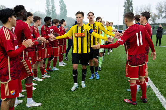 Djurgårdens spelare gratulerar Häckens spelare
