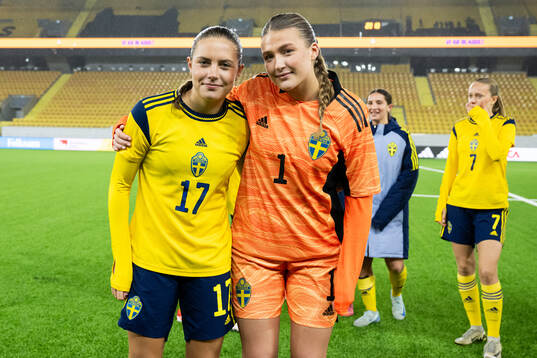 Klara Ahnberg and goalkeeper Fanny Jurander of Sweden