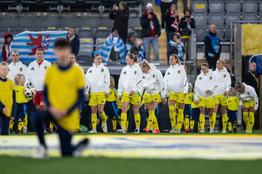 Hanna Wijk and Magdalena Eriksson of Sweden enter the pitch